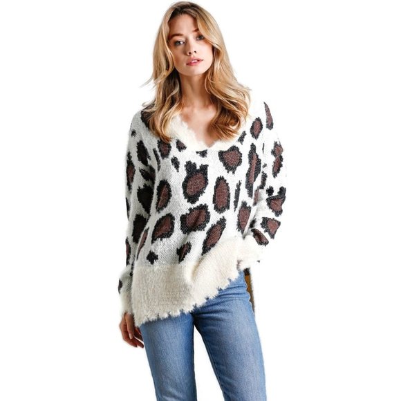 Umgee Fuzzy Leopard Sweater, Cream - Picture 1 of 8